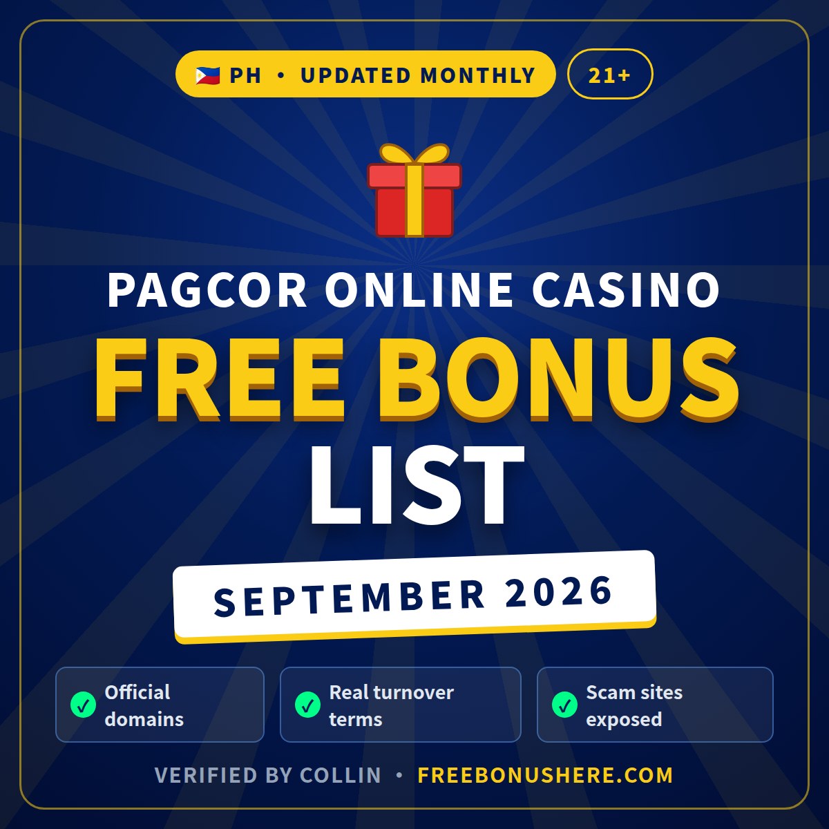 PAGCOR online casino free bonus list September 2026 – verified monthly for PH players 21+