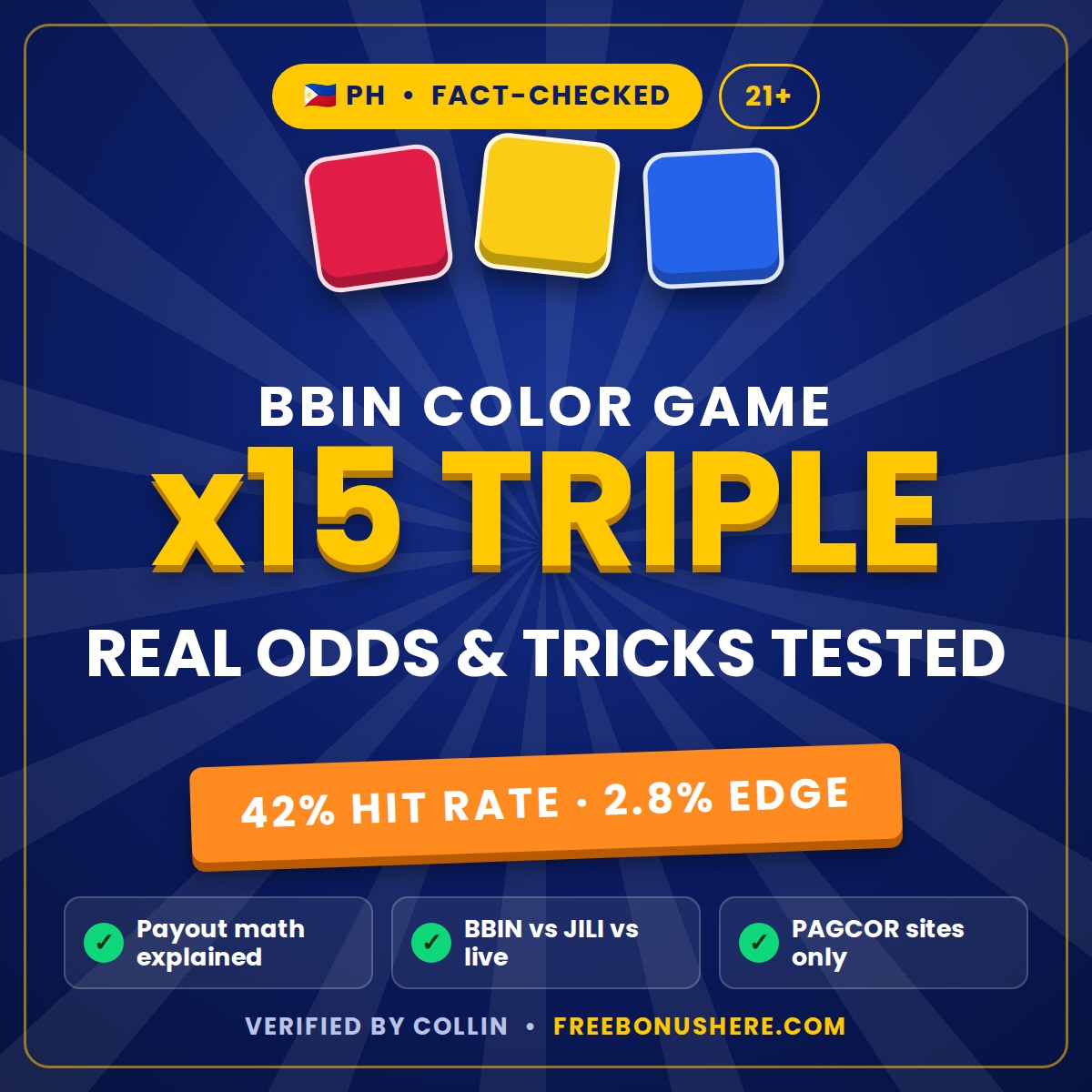 BBIN Color Game Philippines – x15 triple payout, 42% hit rate and 2.8% house edge explained, PAGCOR sites only, 21+